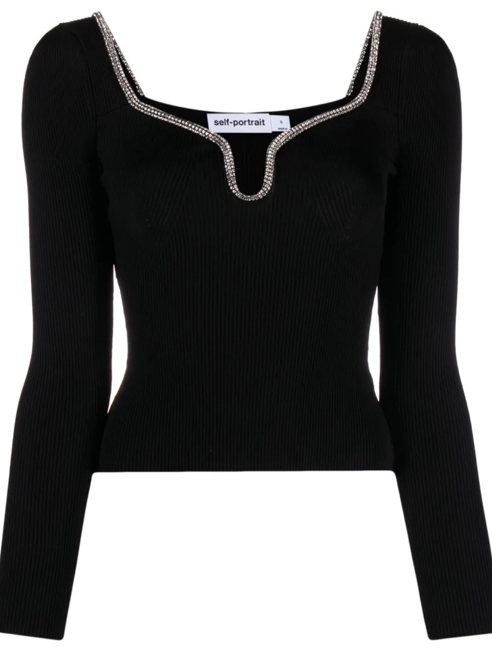 Self-Portrait Black Ribbed Knit Top with Crystal Trim